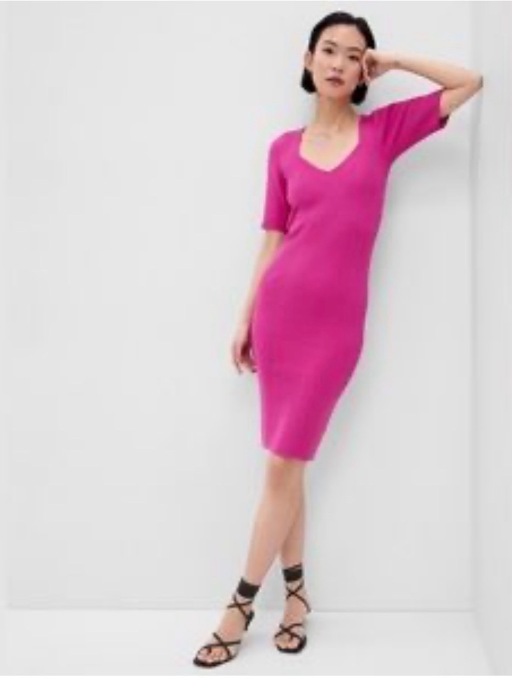 GAP Fitted V-Neck Midi Dress in Hot Pink